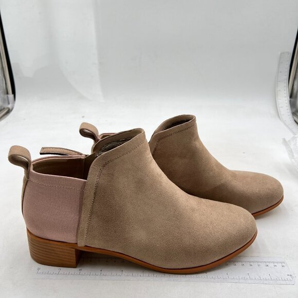 Tan Patchwork Ankle Boots for Women Low Stacked Chunky Heels Round Toe Boot - Picture 4 of 8